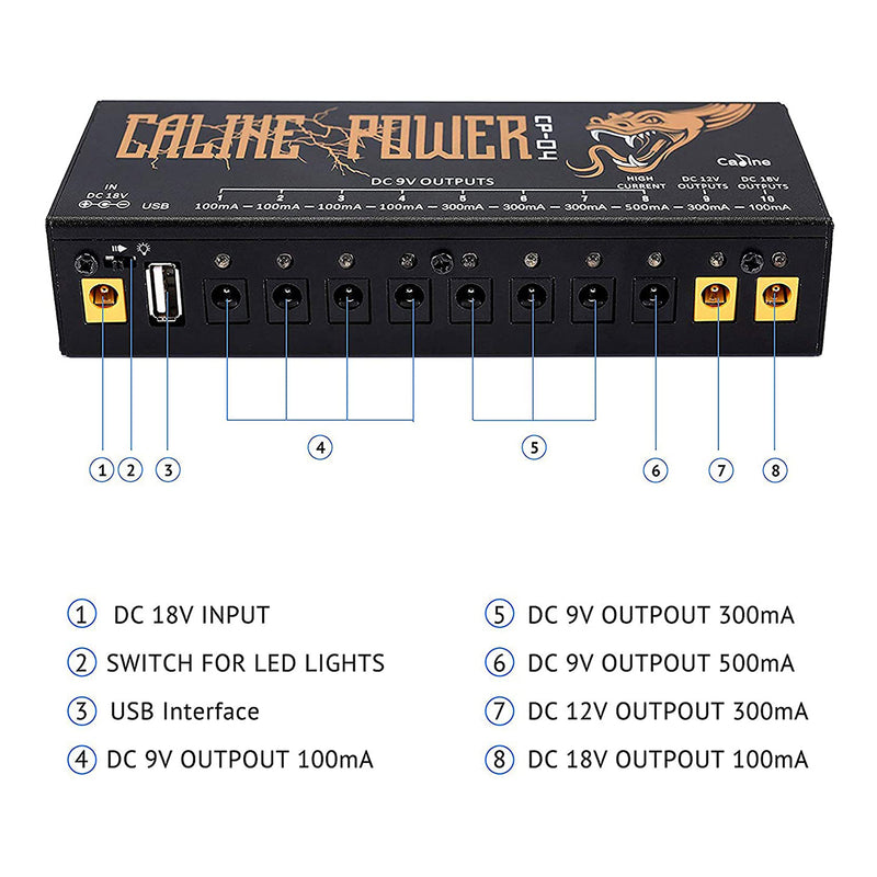 guitar pedal power supply isolated Caline Guitar Pedal Power Supply Station Distributor 10 Isolated Output for 9V/12V/18V Effect Pedal with USB Port for Charging Mobile Phone Tablet Isolated Power Supply CP-04