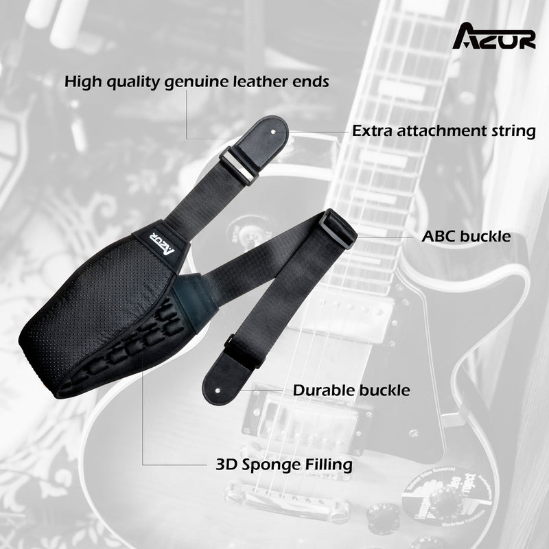 AZOR Guitar Strap for Electric/Acoustic Guitar/Bass Guitar with 2in Wide 3D Sponge Filling Decompression Bass Strap Adjustable Length from 39in to 51in with PU Leather Ends