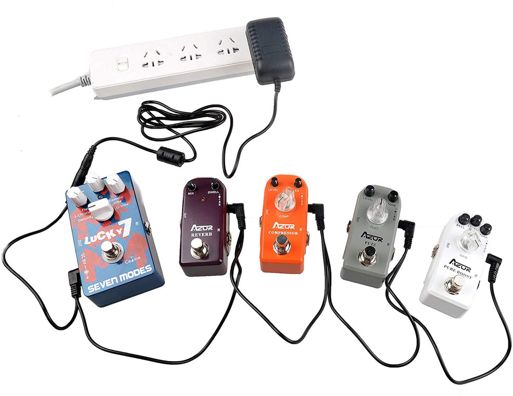 guitar pedal daisy chain AZOR Pedal Power Supply Adapter with 5 Way Daisy Chain Cables Fit for 9V DC 1A Negative Tip Guitar Effect Pedal …