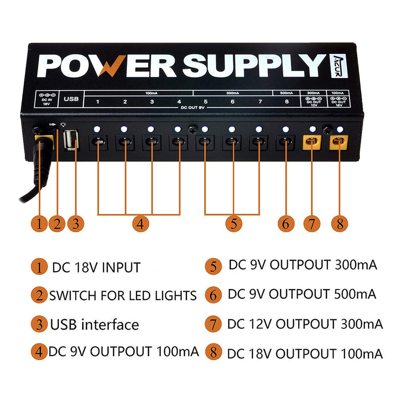 pedal board power AZOR Guitar Pedal Board Power Supply with 10 Routes DC Output 9V/12V/18V
