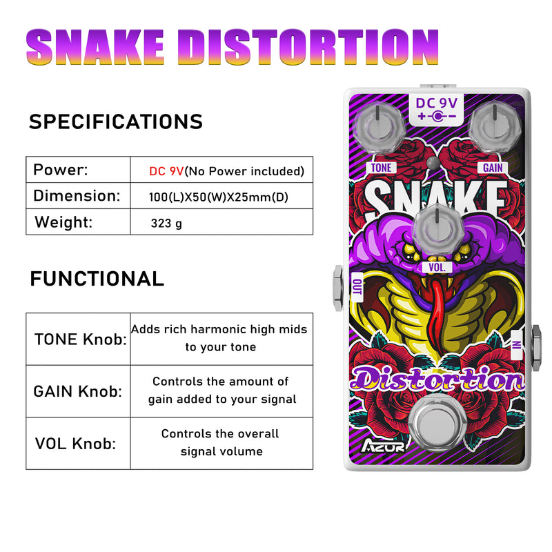 AZOR Distortion Guitar Effect Pedal Snake Variant Distortion Mini Pedal for  Electric Guitar True Bypass AP506