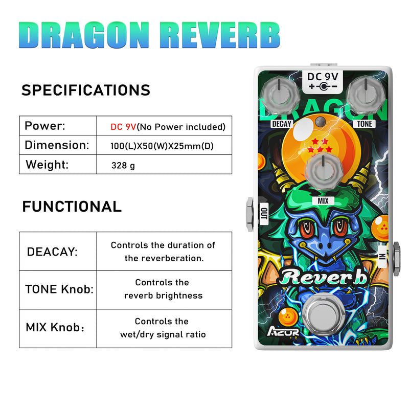 AZOR Digital Reverb Pedal Dragon Pure Reverb Guitar Effect Pedal for Electric Guitar AP509