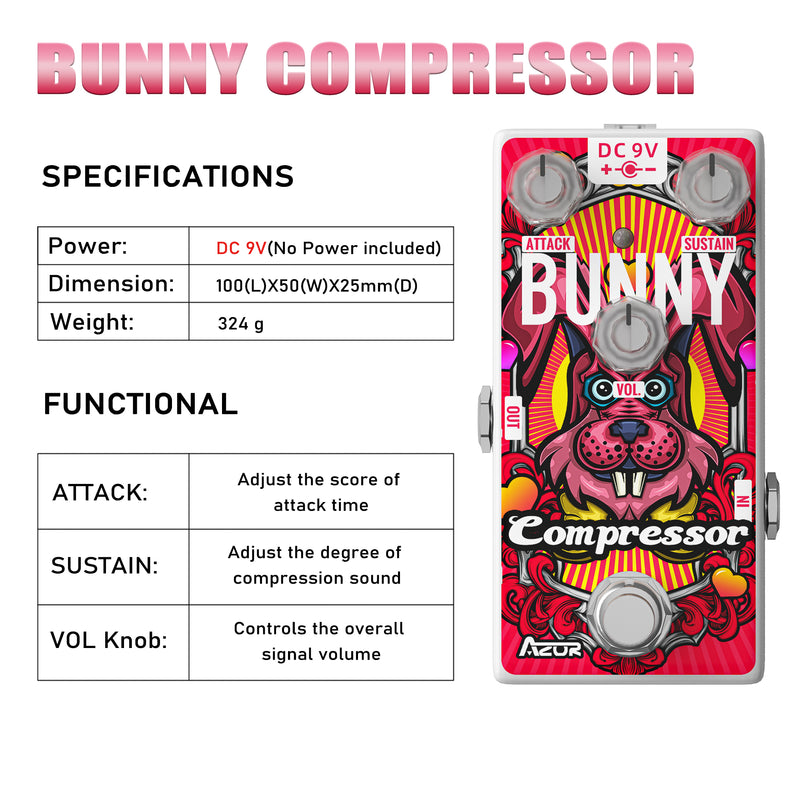 AZOR Compressor Pedal Bunny Low Noise Compressor Guitar Effect Pedal for Electric Guitar & Bass True Bypass AP510