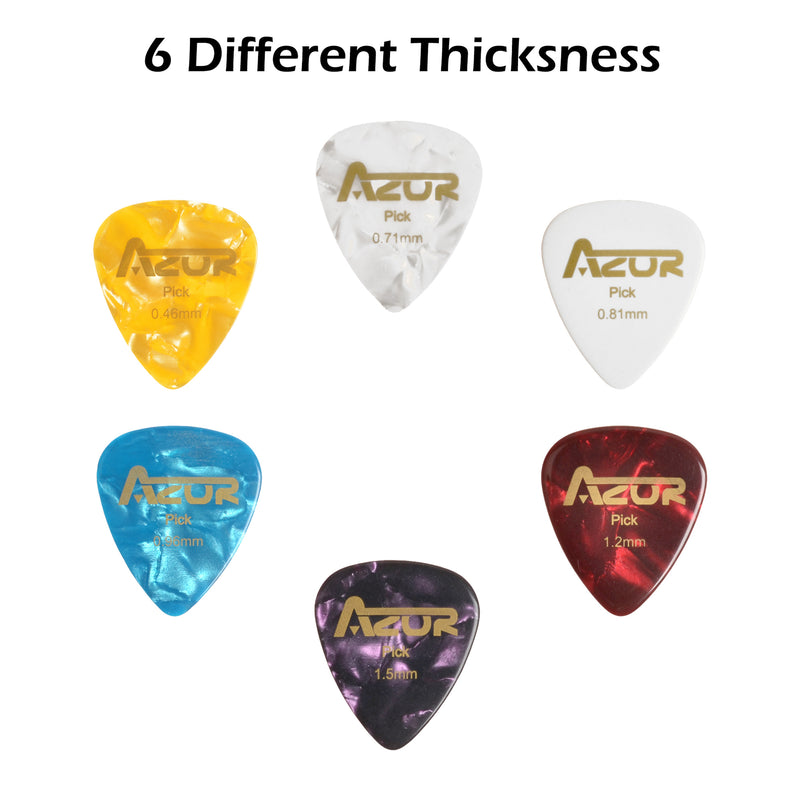 AZOR Celluloid Guitar Picks 18 Pack Includes All Thickness(0.46 0.71 0.81 0.96 1.2 1.5mm) for Acoustic, Classical, Electric, Bass Guitar